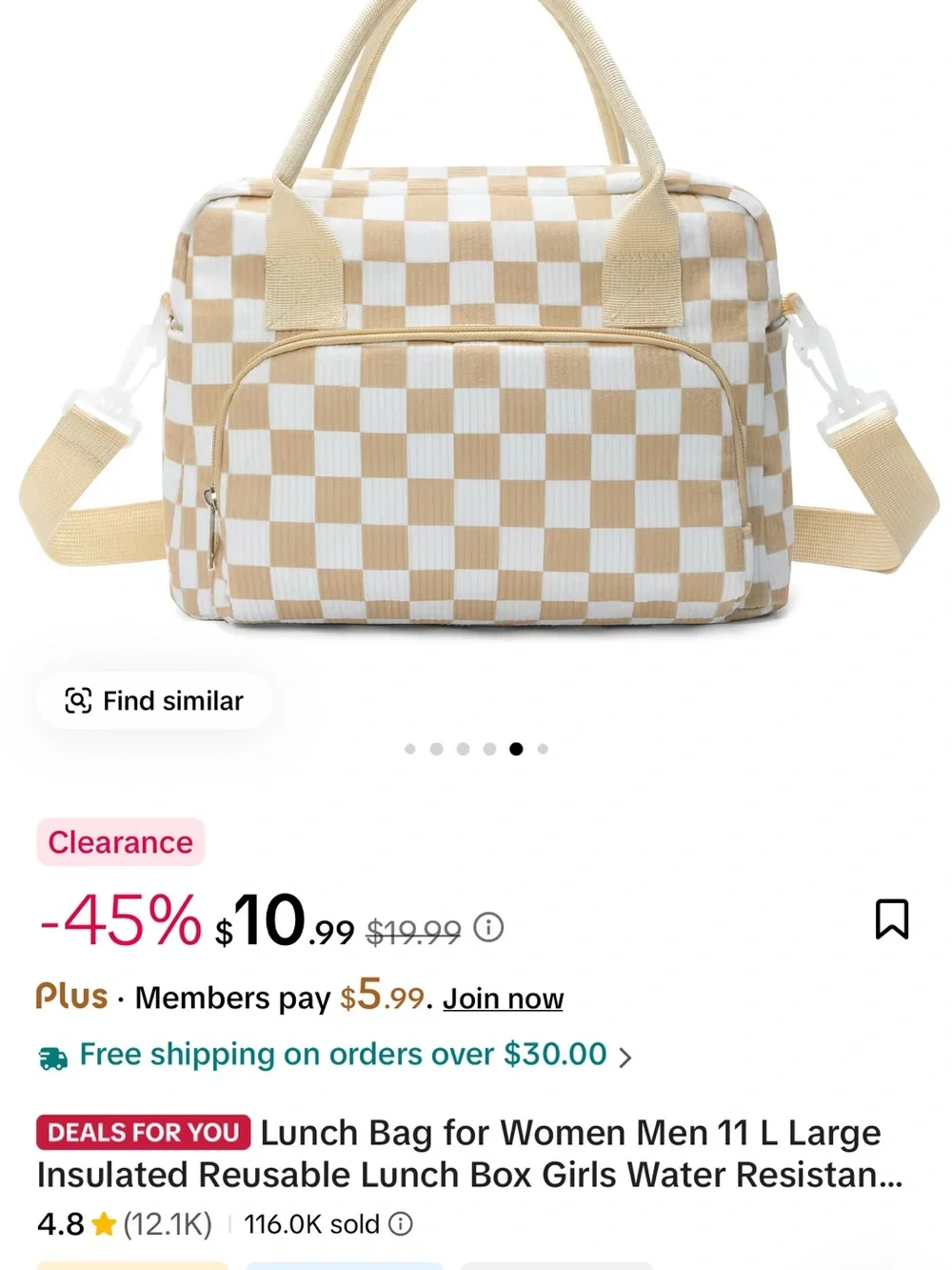 Insulated Beige and White Checkered Lunch Tote for Women